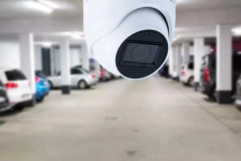 CCTV security camera on blur car parking. Stock Photos