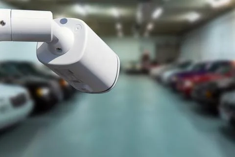 CCTV security camera on blur car parking. Copy space. Stock Photos