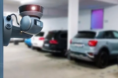 CCTV security camera on blur car parking. Copy space. Stock Photos