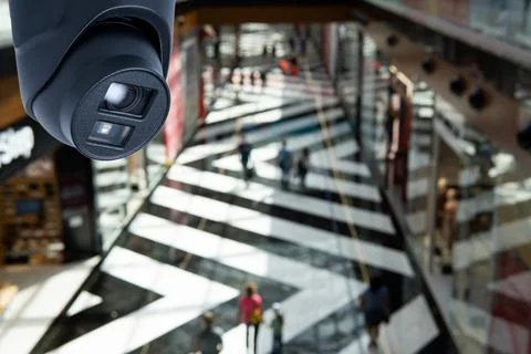 CCTV security camera on blur people in food center or shopping mall. Stock Photos