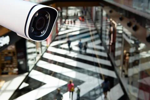 CCTV security camera on blur people in food center or shopping mall. Stock Photos