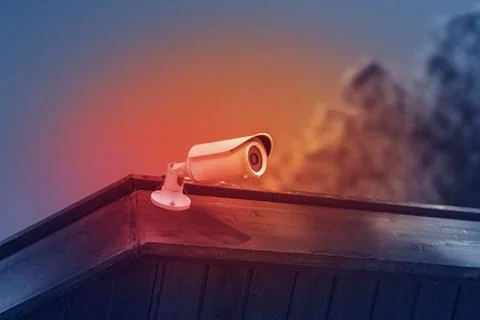 Cctv security camera with building on blue sky background 写真素材