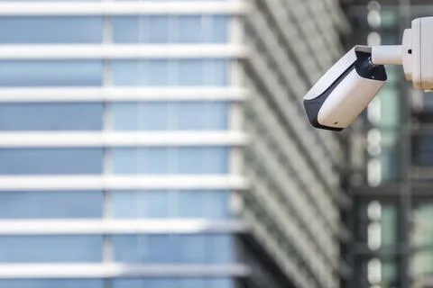 CCTV security camera on building wall in front skyscraper Stock Photos
