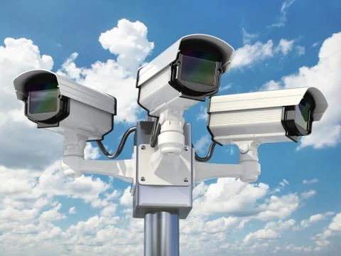Cctv security camera on cloud sky background. Stock Illustration