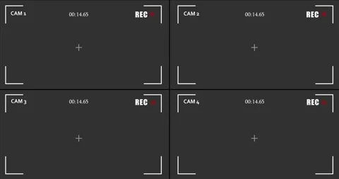 Cctv security camera four screen overlay interface with recording indicator anim 스톡 동영상 335535346