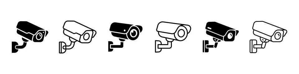 CCTV security camera icon set, thin line and solid black glyph vector illus.. Stock Illustration