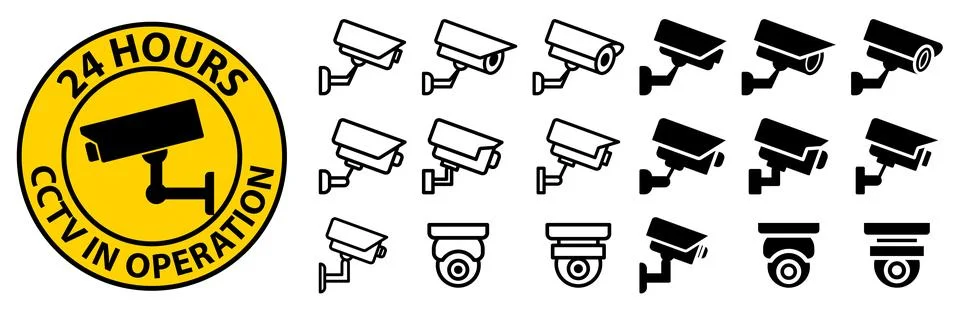 CCTV Security Camera Icons for 24 Hours Surveillance Operation Use Stock Illustration