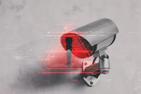 CCTV Security camera with a red warning sign overlay is mounted on a gray c.. Stock Photos