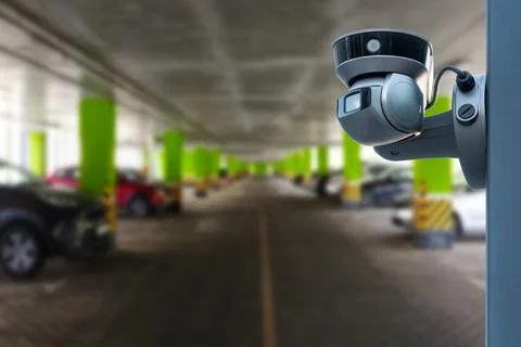 CCTV Security Camera setup on Parking lot. Copy space. Stock Photos