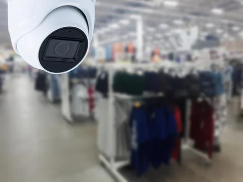 CCTV security camera shopping mall on blurry background Stock Photos