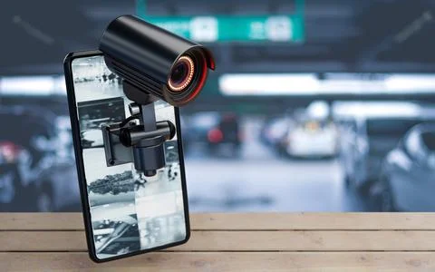 CCTV Security camera on smartphone in parking lot at home resident backgrou.. Ilustración de archivo