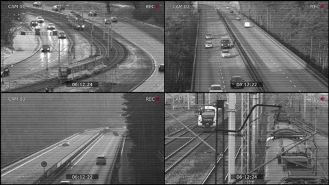 CCTV Security Camera of Urban Traffic Cars and Trains on City Roads and Rails Stock Footage 151232108