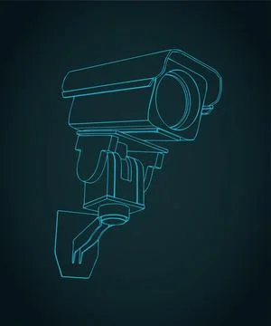 CCTV security camera on wall mount bracket isometric blueprint Stock Illustration