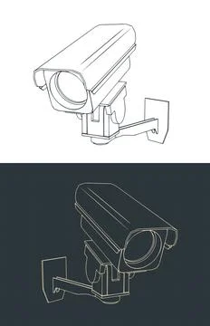CCTV security camera on wall mount bracket isometric blueprint illustrations Stock Illustration