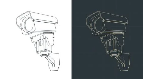 CCTV security camera on wall mount bracket isometric technical blueprint Stock Illustration