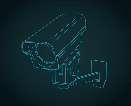 CCTV security camera on wall mount bracket isometric blueprint illustration Stock Illustration