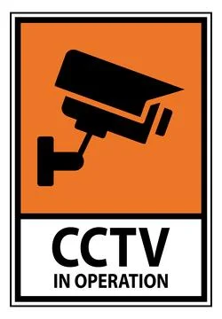 CCTV Security Camera Warning Sign with Orange Background and Black Icon Stock Illustration