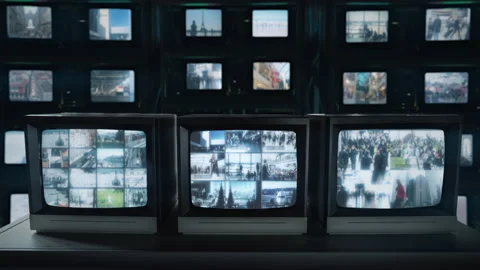 CCTV Security Cameras Crowd Surveillance Multiple Monitors Stock Footage 156442082