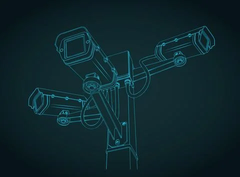 CCTV security cameras system on pole technical blueprint illustration Stock Illustration