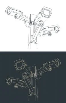 CCTV security cameras system on pole technical blueprint Stock Illustration