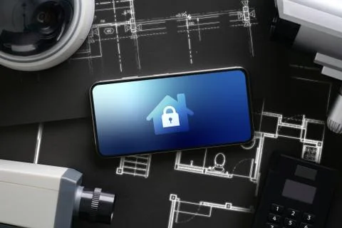 CCTV security online camera with icon interface on smart phone Stock Photos