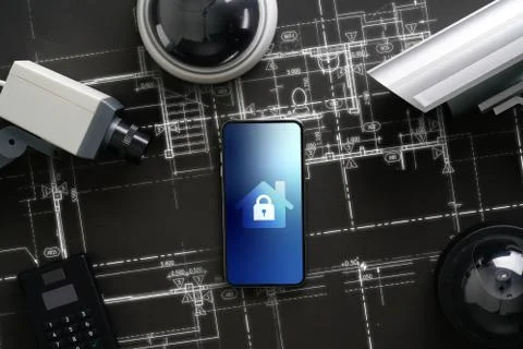 CCTV security online camera with icon interface on smart phone Stock Photos