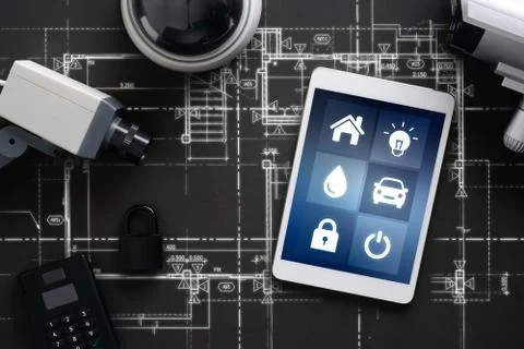 CCTV security online camera with icon interface on smart phone Stock Photos