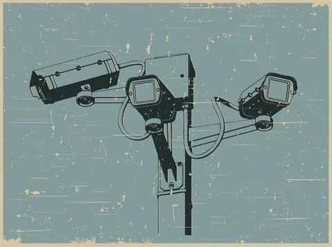 CCTV security outdoor camera system on pole vintage poster Stock Illustration