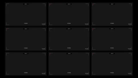 CCTV security screen layout visual nine dark camera panels, recording dots, clea Stock Footage 340556665