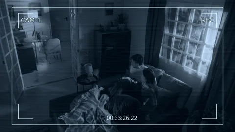 CCTV Shot of Sleeping Couple Waking up by Poltergeist in Bedroom at Night Stock Footage 311565997