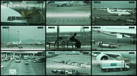 CCTV split screen airport security. Airport traffic control center. Stock Footage