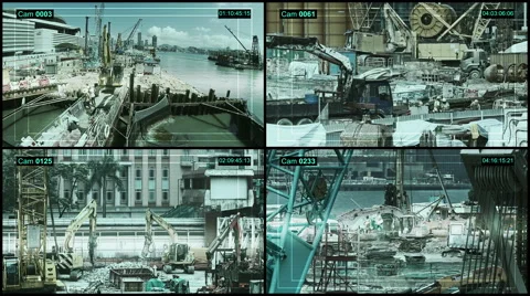 CCTV split screen at a construction site security, excavators work. Video stock 58288067