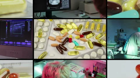CCTV split screen medicine, pills and laboratory. Stock Footage 55009665