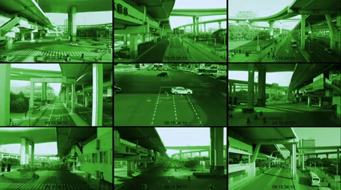 Cctv split screen of street, monochrome look Stock Footage 36009345