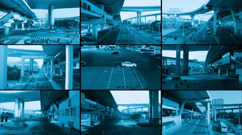 Cctv split screen of street, monochrome look Stock Footage 36012821