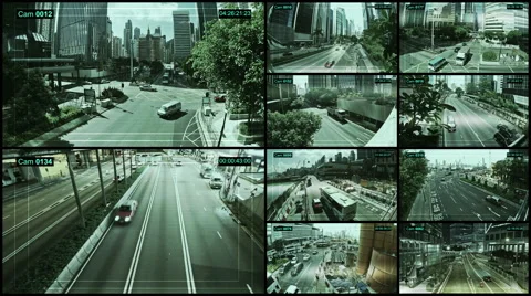 CCTV split screen. Urban lifestyle and busy traffic in large modern city. Video stock 58479352