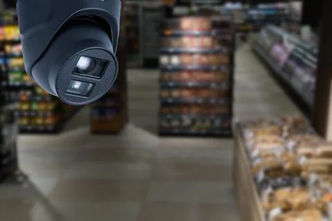 CCTV system security and blurred defocused background of supermarket interior Stock Photos
