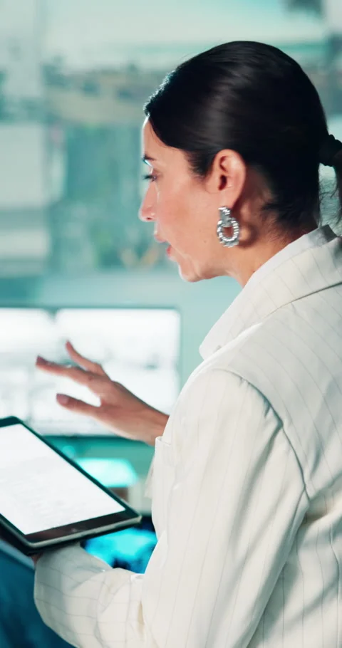 CCTV, tablet screen and talking with woman in control room for discussion, Stock Footage 329340818
