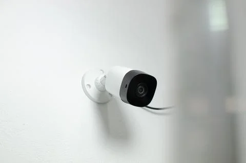 CCTV videocam, CFTV security camera, white camera with secure circuit, theft  库存照片