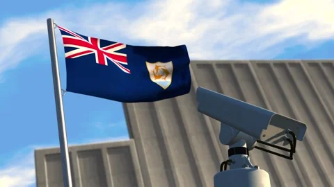 CCTV, wall, razor wire with  Anguilla flag Stock Footage 276385891