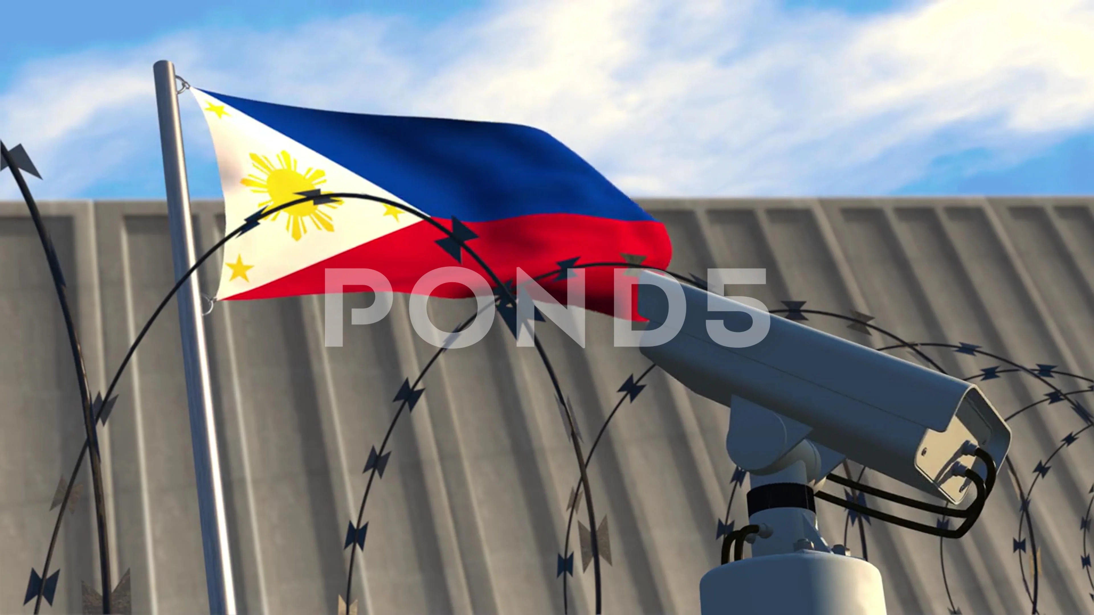 CCTV, wall, razor wire with Filipino flag,