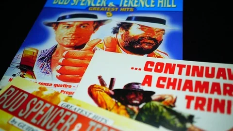 CD and artwork of OST of the films Italian comic duo BUD SPENCER and HILL Stock Footage 108598291