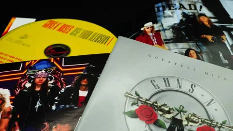 Cd collection of the American hard rock band, formed in Los Angeles in 1985 Stock Footage 165362413