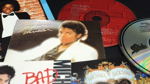CD covers of  the first four solo albums by MICHAEL JACKSON Stock Footage 116910359