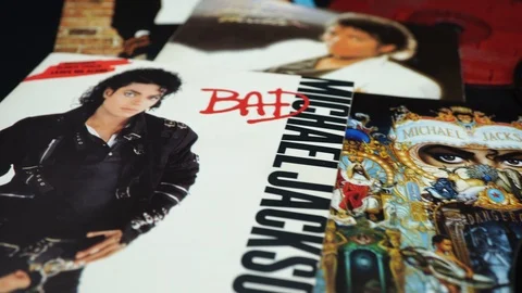 CD covers of  the first four solo albums by MICHAEL JACKSON Stock Footage 116910381