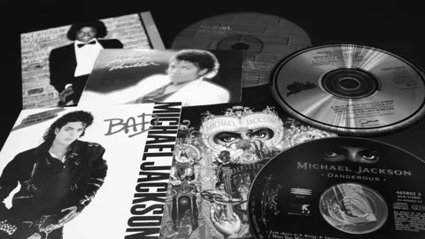 CD covers of the first four solo albums by MICHAEL JACKSON Stock Footage 223765932