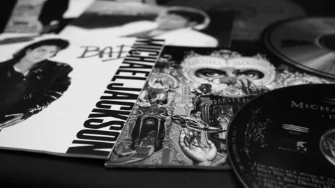 CD covers of the first four solo albums by MICHAEL JACKSON Stock Footage 223766293