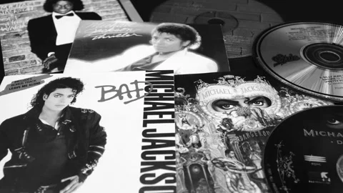 CD covers of the first four solo albums by MICHAEL JACKSON Stock Footage 257254218