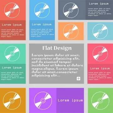 Cd, DVD, compact disk, blue ray icon sign. Set of multicolored buttons with s Stock Illustration