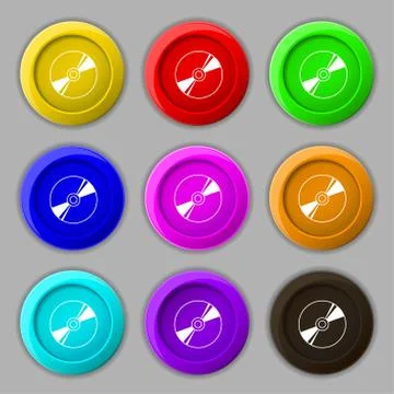 Cd, DVD, compact disk, blue ray icon sign. symbol on nine round colourful but Stock-Illustration